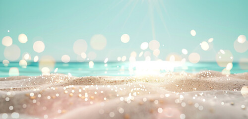 Wall Mural - Sun-kissed beach sands and pastel sky, lit by subtle, dreamy bokeh lights.