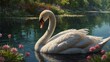 Illustrate a scene of Swan Lake in spring, with blossoming flowers and vibrant greenery adorning the shores. Pay meticulous attention to the ultra-realistic details of the springtime -Ai Generative