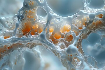 Poster - Macro shot revealing complex cellular structures with highlighted orange areas simulating a biological scene