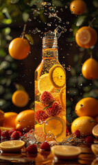 Wall Mural - Bottle With Lemons and Raspberries on Table