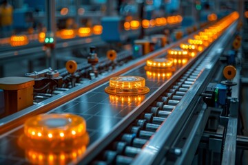 Poster - Illustrating the automation and precision of modern manufacturing, glowing robotic parts move along assembly lines in a factory