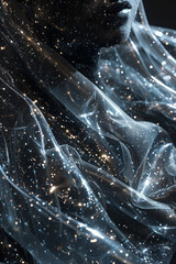 Poster - A piece using reflective materials and black fabric, with the stars represented by clear areas that reveal a hidden light source behind,