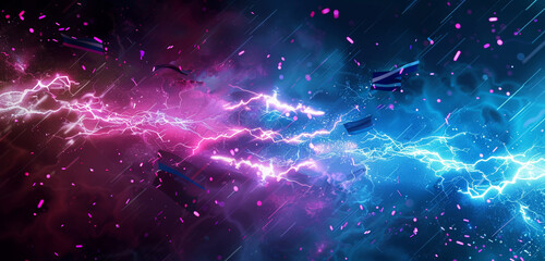 Poster - Cyan and magenta lightning electrifies an abstract backdrop with flag elements.