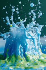 Poster - Dynamic splashes of watercolor creating the scene of a water balloon fight, with cool blues and vibrant greens,