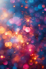Poster - Abstract fireworks bursting in a sky filled with splashes of bright reds, blues, and golds, symbolizing celebration,