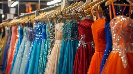 Wall Mural - Low angle view to row of prom dresses in various colors, including turquoise and orange, are displayed on hangers at the dress shop.