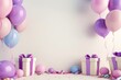 Happy birthday background with balloons and gifts on a white backdrop Birthday party decoration, greeting card template Generative AI