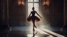 Graceful Ballerina Performing Elegant Choreography In Dim Opera Lobby
