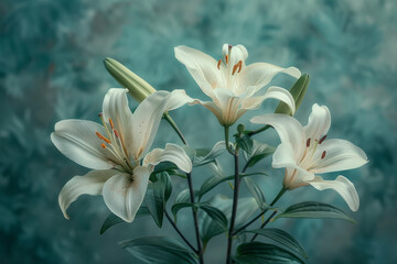Wall Mural - A serene composition of lilies, using soft watercolor washes that suggest the tranquility and purity of the flowers,