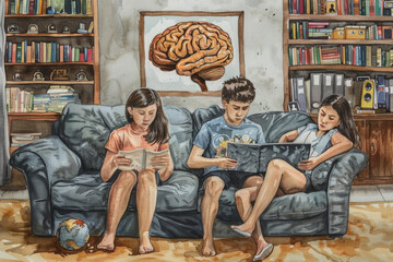 Wall Mural - Three children are quietly absorbed in reading and using a tablet on a couch, surrounded by bookshelves and a painting of a brain