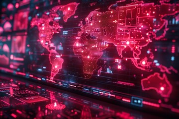 Poster - A high-tech digital world map display representing global connectivity and internet technology