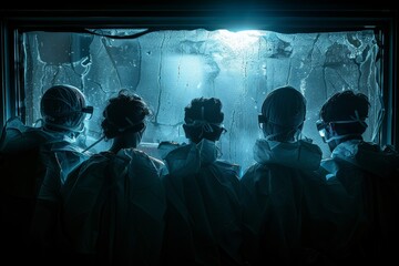 Poster - A group of experts in hazmat suits look intensely through a steamy glass window in a high-tech lab