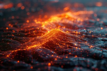Poster - Close-up of an abstract digital representation of a fiery wave-like formation on a dark textured surface