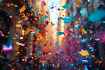 Poster - Vibrant image capturing the lively and joyful atmosphere as colorful confetti rains down during a street celebration