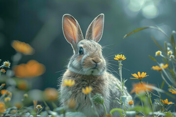 Wall Mural - A detailed, almost mystical depiction of a rabbit in a natural setting, with an emphasis on natureâ€™s intricate beauty and symbolic meaning,