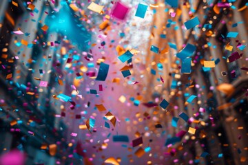 Poster - A shower of colorful confetti with a soft bokeh light effect creating an atmospheric celebratory image