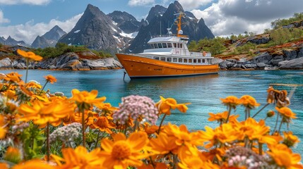 Sticker -   A boat floats on a body of water beside a lush green hillside with snow-capped mountains