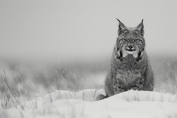 Poster - A lynx with eyes that pierce the veil between worlds, sitting silently in a snow-covered landscape that fades into abstract shapes,