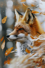 Poster - A fox made of autumn leaves swirling in the wind, symbolizing cunning and adaptability in the face of change,