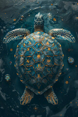 Aufkleber - A turtle with a shell patterned like an intricate mandala, carrying the world on its back as it travels through cosmic oceans,