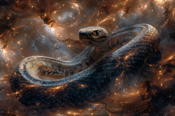 Poster - A serpent winding through an infinite loop, representing rebirth and the cyclic nature of life, against a backdrop of stars,