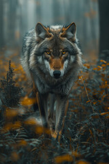 Poster - A spirit wolf enveloped in swirling mist, its eyes glowing with ancient wisdom, guiding a path through an ethereal forest,