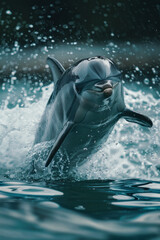 Poster - A vibrant teal dolphin leaping joyously from the water, splashes radiating around, epitomizing playfulness and freedom,