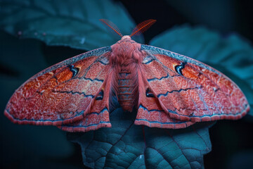 Poster - A deep burgundy moth resting quietly on a leaf at night, wings enveloping its body, symbolizing secrecy and protection,