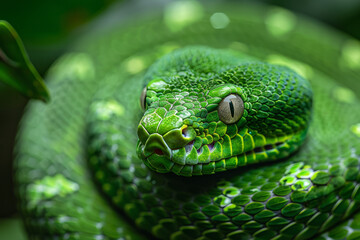 Poster - A deep green snake coiled tightly, eyes piercing, demonstrating focus or intense concentration,