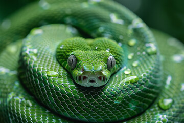 Aufkleber - A deep green snake coiled tightly, eyes piercing, demonstrating focus or intense concentration,