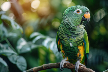 Aufkleber - A bright green parrot chattering loudly from its perch, feathers ruffled in excitement,