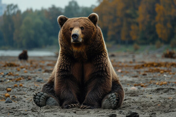 Aufkleber - A russet brown bear sitting heavily on the ground with a somber expression, depicting weariness or disappointment,
