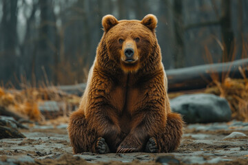 Poster - A russet brown bear sitting heavily on the ground with a somber expression, depicting weariness or disappointment,