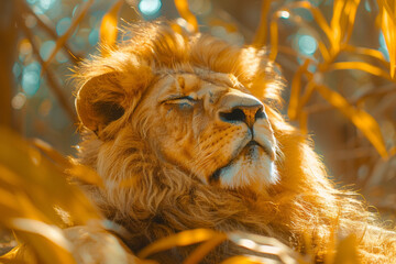 Poster - A golden yellow lion basking in the sun, mane glowing, eyes half-closed in contentment,