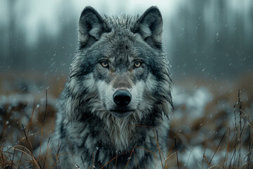 Poster - A stormy gray wolf with fur standing on end and eyes squinting, conveying frustration and restlessness,