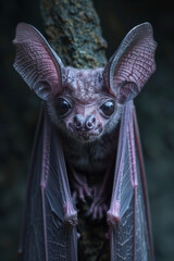 Aufkleber - A dark purple bat with wings enveloping its body like a cloak, hanging solemnly, representing isolation,