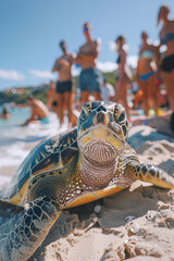 Poster - A green turtle tucked tightly within its shell on a crowded beach, symbolizing anxiety and withdrawal,