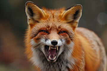 Fototapete - A fiery red fox with fur bristled and teeth bared, standing aggressively to convey anger,
