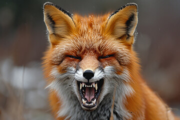 Fototapete - A fiery red fox with fur bristled and teeth bared, standing aggressively to convey anger,