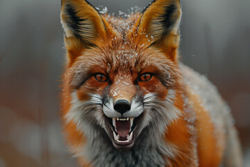 Poster - A fiery red fox with fur bristled and teeth bared, standing aggressively to convey anger,
