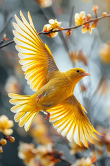 Aufkleber - A bright yellow bird soaring with wide-spread wings, representing pure joy and freedom,