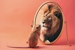 Mouse in front of the mirror with reflection of lion. AI generative art