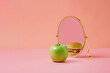 Green apple in front of the mirror with reflection of hamburger. AI generative art