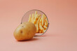 One whole potato in front of the mirror with reflection of french fries. AI generative art