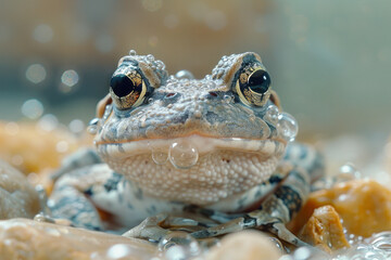 Poster - An amphibian that secretes a gel-like substance to create protective bubbles around its eggs, guarding them against harsh climates,