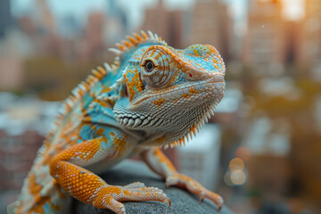 Aufkleber - An urban dweller with a chameleon-like ability to mimic concrete, metal, and glass, hiding in plain sight in city environments,