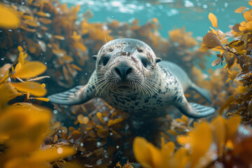 Poster - An aquatic mammal with sponge-like fur that filters and cleans water as it swims in a polluted ocean ecosystem,