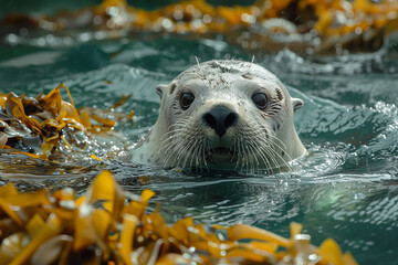 Poster - An aquatic mammal with sponge-like fur that filters and cleans water as it swims in a polluted ocean ecosystem,
