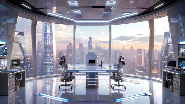 Futuristic IT office with a panoramic view of the digital city - integrated AI, virtual reality and intelligent robots. 
