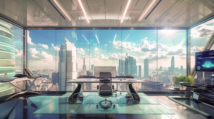 Futuristic IT office with a panoramic view of the digital city - integrated. A modern office with a huge window overlooking the city